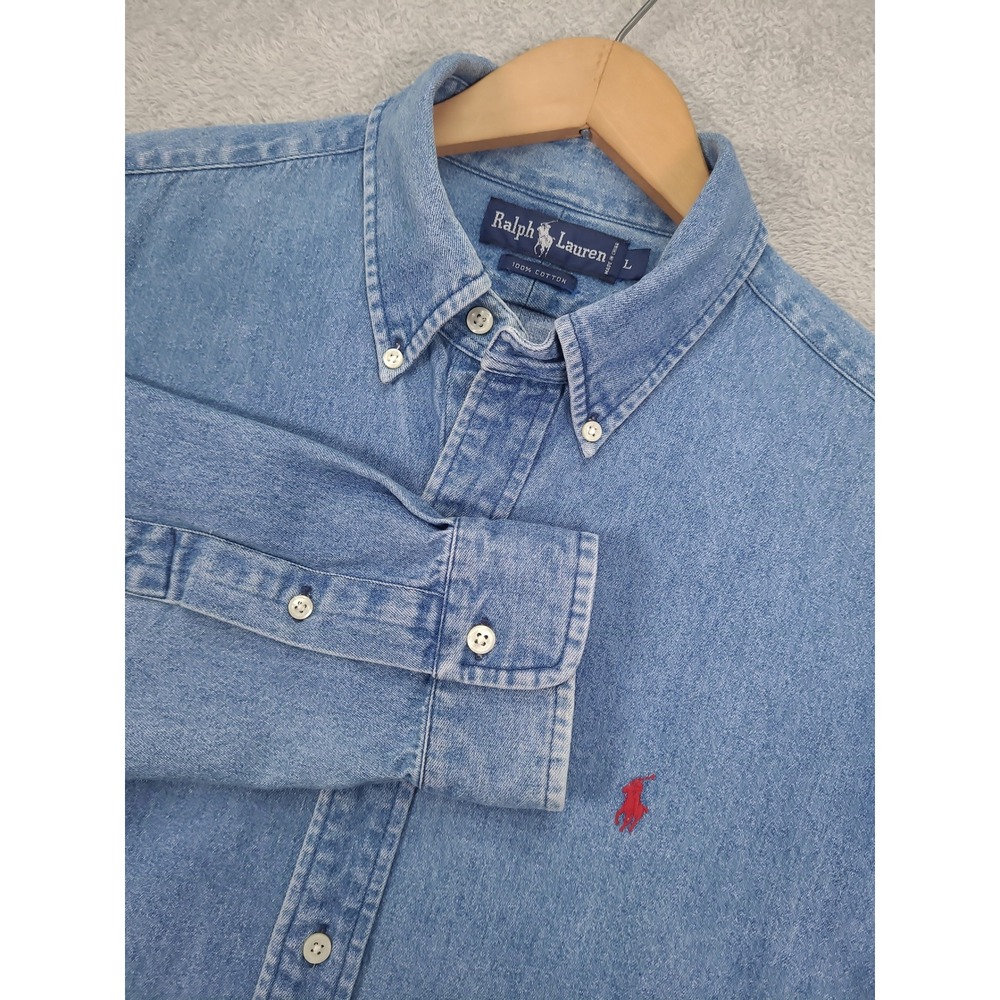 Ralph Lauren Mens Large Denim Button Down Shirt Light Wash Blue Red Pony Logo